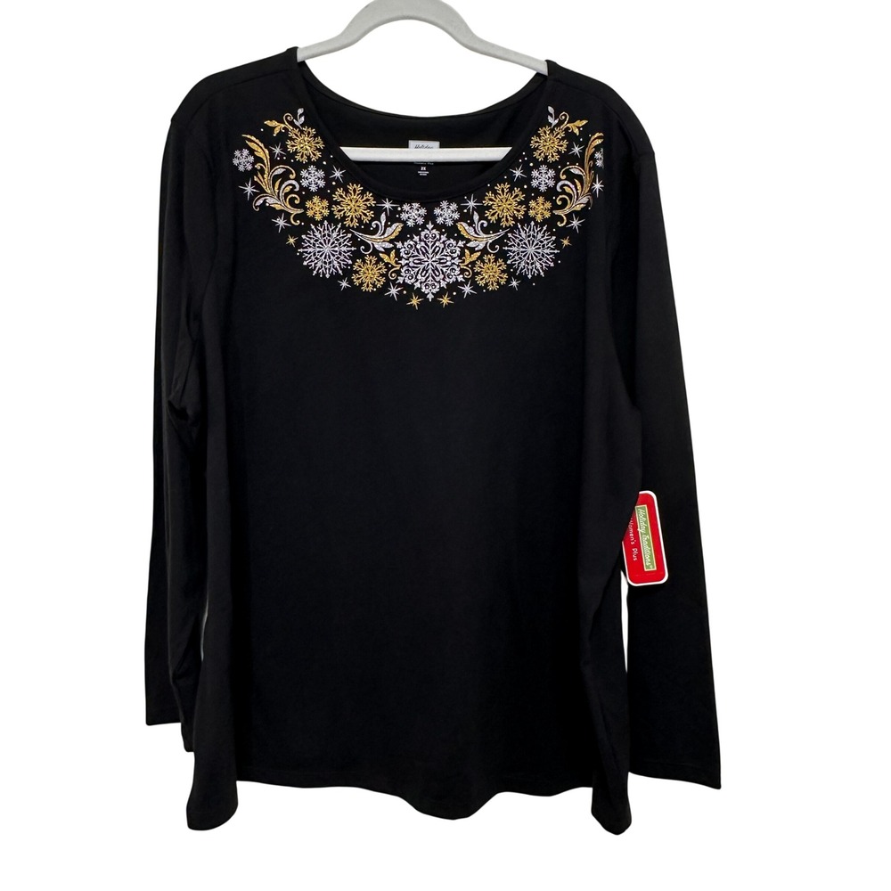Holiday Traditions Snowflake Glitter Tee Womens 2X Black NEW Long Sleeve Tabitha